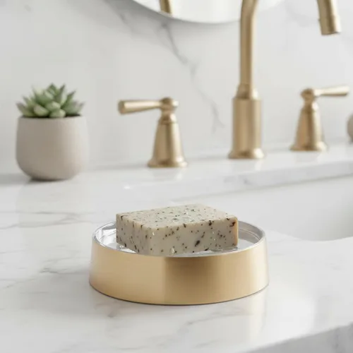 Vista 2 de Bandeja dispensadora de taza de jabón de oro cepillado dorado Draining soap bar holder, for bath and kitchen sink, countertop, modern decor, Gold