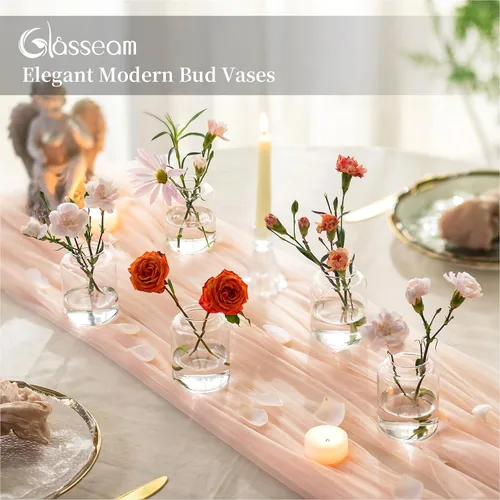 Vista 4 de Glasseam Juego de 6 jarrones de cristal para centros de mesa, modernos jarrones pequeños para el hogar, estante de mesa, decoración de fiesta