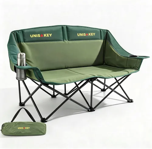 Vista 10 de Unisakey Silla de campamento doble, sofá biplaza acolchado de gran tamaño, silla plegable resistente de 650 libras con portavasos y bolsa de Azul