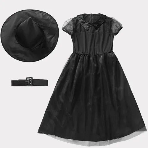 Vista 6 de FANCYINN Halloween Witch Costume for Girl Black Gauze Crazy Cosplay Costume Pretend Play Dress Up Deluxe Set with Hat 2-13T