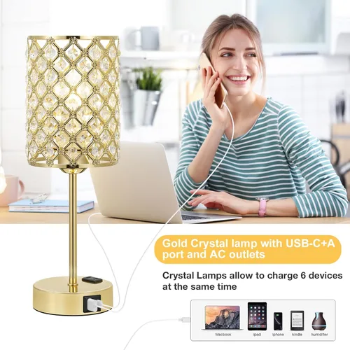 Vista 5 de Lámpara de mesa de cristal con control táctil, lámpara de mesita de noche regulable con puertos de carga USB-C+A y CA, lámpara USB dorada de 3 vías