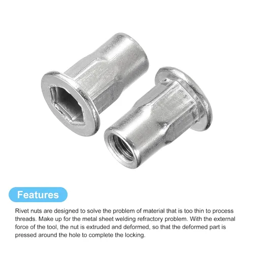 Vista 4 de uxcell M3 Tuercas de remache con cuerpo hexagonal, 60 unidades de acero inoxidable 304 con cabeza plana y rosca interna