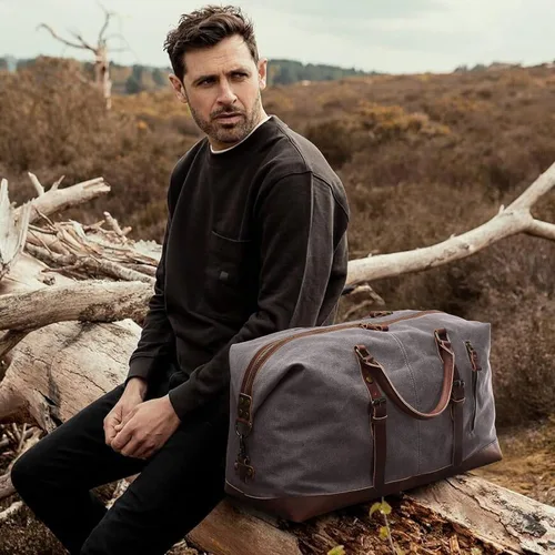 Vista 20 de S-ZONE - Bolsa de viaje de lona sobredimensionada con adornos de cuero genuino, bolsa deportiva de hombro de fin de semana, bolso de fin de semana