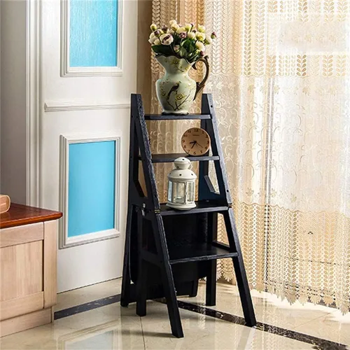 Vista 5 de Taburete plegable de madera, silla de escalera portátil, silla de escalera multifunción, silla de escalera para biblioteca del hogar, máximo 4 Negro