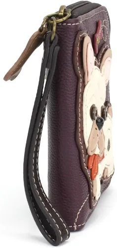 Vista 4 de Chala Cartera de piel vegana con cremallera alrededor con correa para la muñeca, Bulldog Francés - Ciruela, Cartera de pulsera