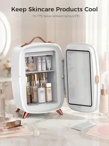 Vista 9 de COWSAR Mini refrigerador para dormitorio con espejo de luz LED regulable, refrigerador para el cuidado de la piel de 6 litros/8 latas con mango