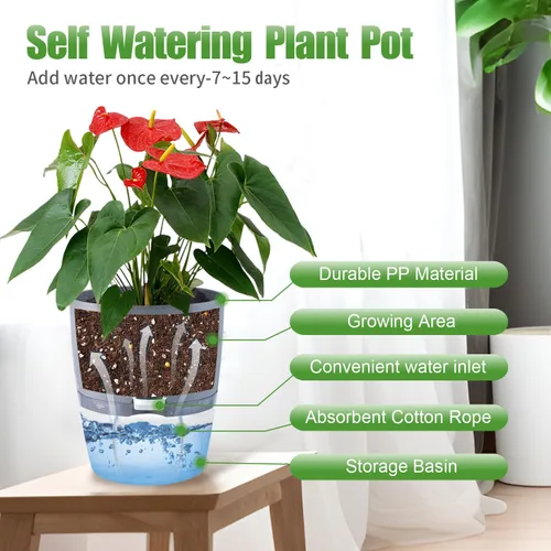 Vista 3 de Oliz - Macetas de 6 pulgadas con riego automático para plantas de interior, juego de 6 macetas de plástico gris con agujeros de drenaje