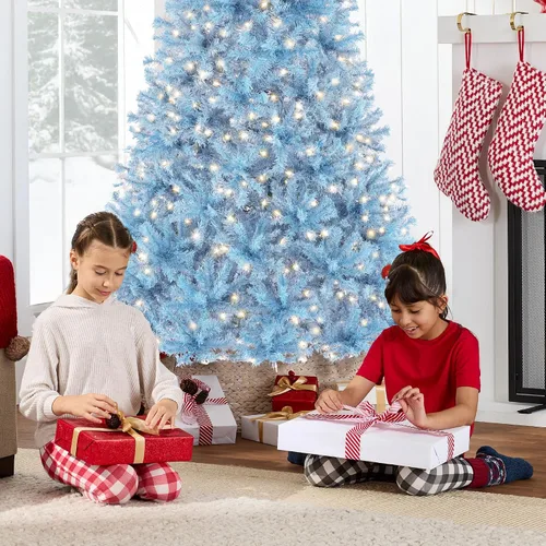 Vista 5 de Best Choice Products Árbol de Navidad azul bebé preiluminado de 6 pies, decoración navideña artificial completa con 947 puntas de rama, 250 luces