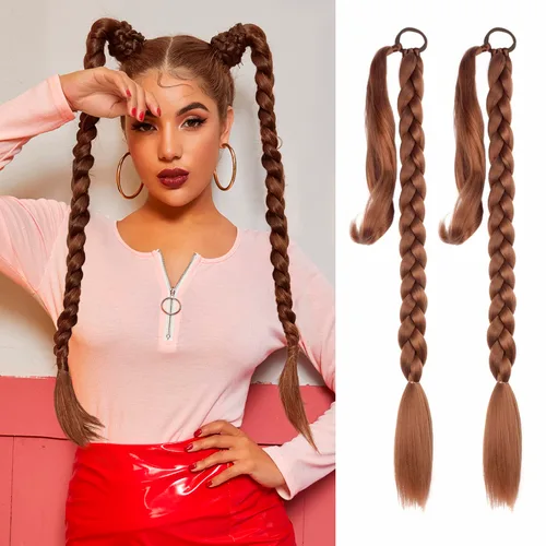 Vista 28 de Paquete de 2 extensiones de cola de caballo trenzada con lazo elástico, lacio, elegante envolvente, extensiones de cola de caballo de 26 pulgadas