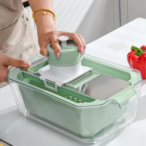 Vista 6 de Rallador de mandolina con cesta de drenaje, rallador de alimentos con contenedor, triturador de cocina 6 en 1 de acero inoxidable, rallador