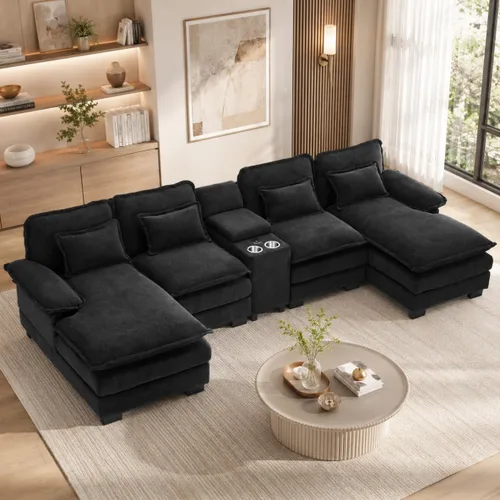 Vista 13 de Sofá modular en forma de U de 132 pulgadas, sofá modular para sala de estar, sofá moderno de pana de felpa de gran tamaño con consola central Negro