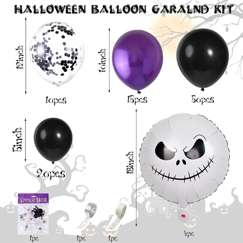 Vista 2 de Kit de guirnalda de arco de globos para decoración de Halloween, 101 piezas de globos de látex de confeti morado metálico y negro mate, con globos