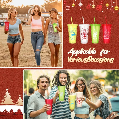 Vista 4 de Sliner 40 vasos reutilizables de Navidad con tapas y pajillas, vasos de plástico de 24 onzas con tapas y botellas de agua con popote a granel