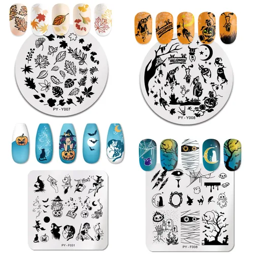Vista 3 de Juego de 6 placas de estampado de uñas de Halloween, hojas de arce para otoño, kit de plantillas de estampación de uñas, fantasma, murciélago