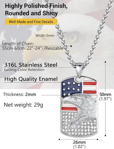 Vista 3 de PROSTEEL Collar con etiqueta de perro de la bandera estadounidense, dije de bandera nacional de Estados Unidos, collar patriótico chapado en acero