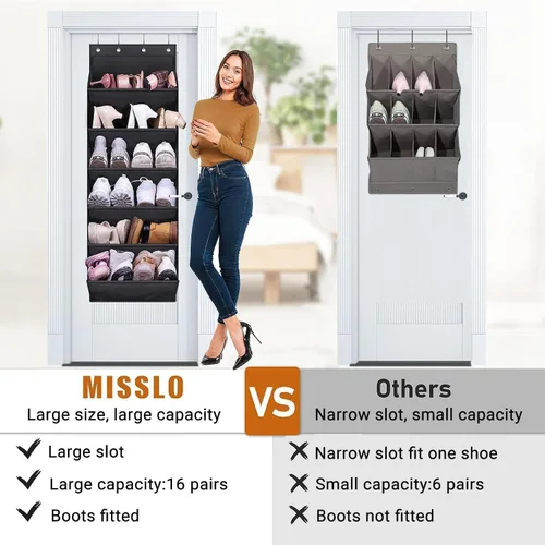 Vista 3 de MISSLO Zapatero para puerta con bolsillos profundos para 12 pares sobre la puerta, organizador de zapatos, colgador colgante para armario