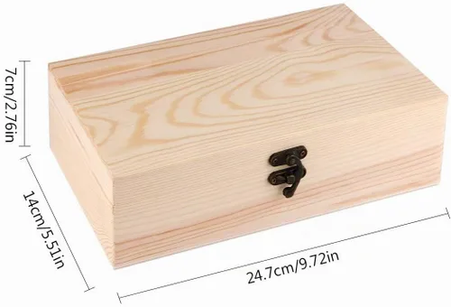 Vista 2 de Caja de recuerdo de madera sin terminar con tapa con bisagras, rectangular, 9.7 x 5.5 x 2.7 pulgadas, cierre, almacenamiento, manualidades