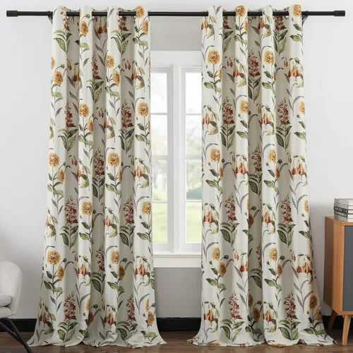Vista 15 de Leeva Cortinas opacas con estampado de flores y hojas, estilo campestre, aislamiento térmico, cortinas reductoras de luz para comedor, 2 paneles, 52