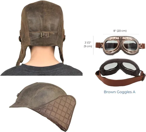Vista 6 de Sombrero de aviador para niños, cuero marrón real, disfraz, casco volador de piloto, sombrero steampunk para niños