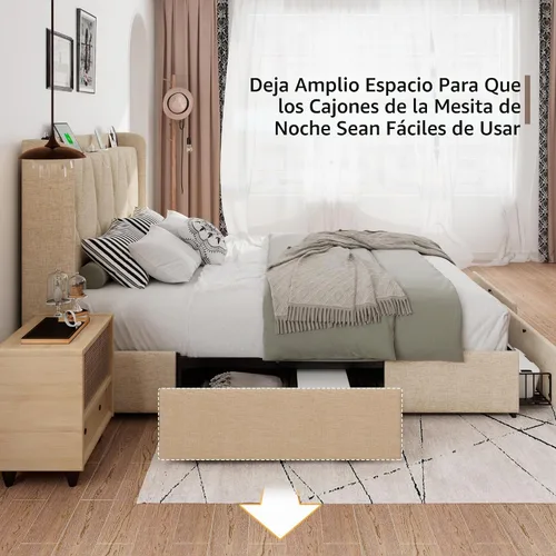 Vista 4 de iPormis - Marco de cama de tamaño matrimonial con 4 cajones de almacenamiento, base de cama tapizada con estación de carga, cabecera de Beige