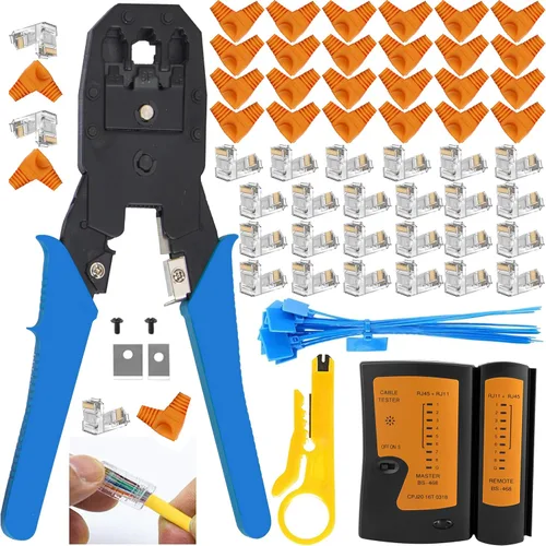 Vista 7 de LEATBUY Crimper Ethernet Kit CAT5 CAT6 Crimping Tool RJ45 Crimp Set for RJ11 RJ12 for Pass Through with 50PC Connector 50PC Cover Ethernet Network