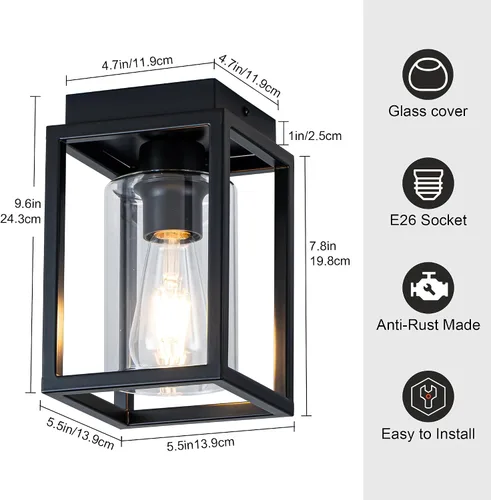 Vista 6 de Mayful Lámpara de techo de montaje empotrado con pantalla de cristal transparente, lámpara de techo de marco de metal negro para granja para isla