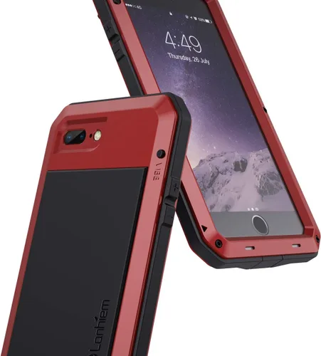 Vista 4 de Lanhiem Funda para iPhone 7 Plus/8 Plus, resistente a los golpes, [Tough Armour], funda de metal con protector de pantalla integrado, funda Rojo