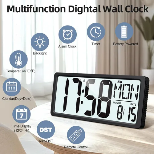 Vista 3 de XREXS - Reloj de pared digital grande, funciona con pilas y retroiluminación 15" LED Large Display Timer with Temperature Date Week Auto DST