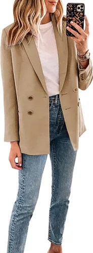 Vista 2 de Zwurew Blazer casual de manga larga para mujer, con solapa, frente abierto, traje de doble botonadura para negocios, trabajo, oficina, chaquetas
