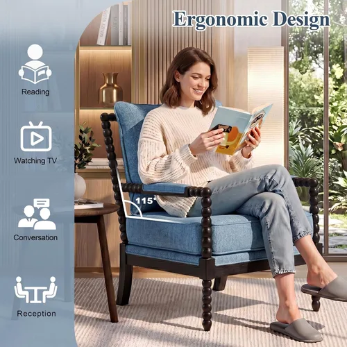 Vista 6 de DUHOME Silla decorativa de tela de lino con marco de madera, sillas de carrete de acento modernas con asiento de resorte acolchado y base azul