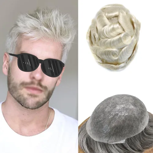 Vista 37 de Pieza de pelo para hombre, sistema de reemplazo de cabello de piel ultra fina para hombres, pieza de pelo de tupé para hombres, cabello humano real