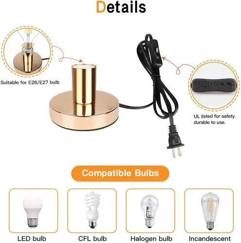 Vista 4 de Helunsi Lámpara de mesa industrial, base dorada E26 E27 sin pantalla, lámpara de escritorio mini corta con bombilla expuesta, soporte de bombilla