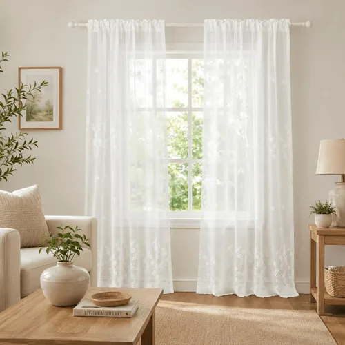Vista 15 de Cortinas traslúcidas blancas de 63 pulgadas de largo, paneles de gasa bordada con hojas para cocina, sala de estar, dormitorio, ventanas pequeñas