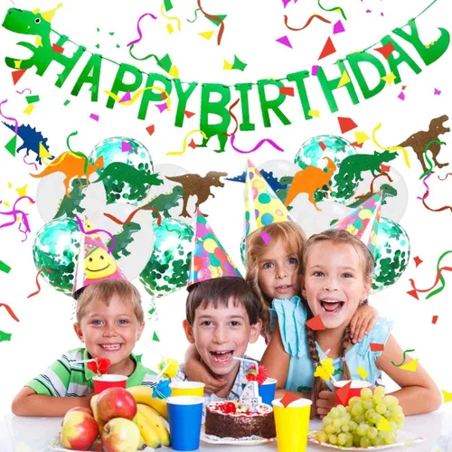 Vista 5 de Cartel de feliz cumpleaños con temática de dinosaurio, decoración de fiesta, juego de suministros de fiesta del mundo jurásico para fiestas