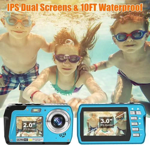Vista 4 de Cámara impermeable 4K30FPS con tarjeta de 32 GB, cámaras submarinas de 56 MP, grabadora de video UHD IPS de doble pantalla (3"/2 pulgadas), selfie