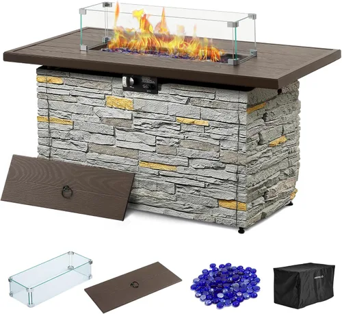 Vista 9 de Mesa de Hoguera de Propano PIZZELLO de 43 Pulgadas al Aire Libre, Mesa de Fuego Rectangular de Piedra para Exteriores, Mesa de Hoguera de 50,000 BTU