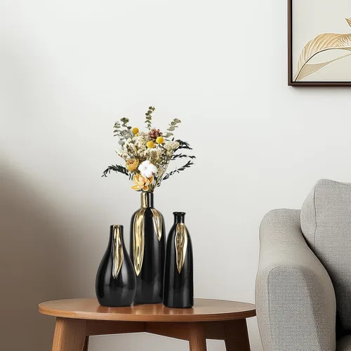 Vista 7 de Juego de 3 jarrones negros y dorados, jarrones decorativos modernos de cerámica para sala de estar, recámara, decoración artística, chimenea
