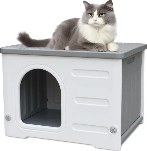 Vista 11 de Casa de plástico para gatos al aire libre e interior, casas impermeables para gatos con puerta de escape, casa resistente para gatos al aire libre