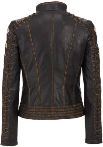 Vista 2 de Chaqueta de cuero de vaca vintage para mujer Cafe Racer encerada
