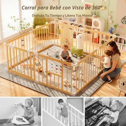 Vista 5 de Xilingol Corralito de madera para bebés con puerta de bloqueo, corralito extragrande para bebés y niños pequeños, centro de actividades