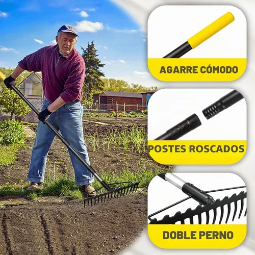 Vista 5 de Rastrillo de arco, rastrillo de jardín con mango ajustable de 68 pulgadas con 17 púas de acero, rastrillo de metal resistente de doble cara