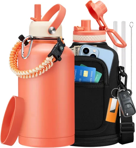 Vista 10 de Botellas de agua de 32 onzas aisladas con pajita y tapa para beber de un sorbo, asa de paracord, bolsa de transporte con correa, termo de triple