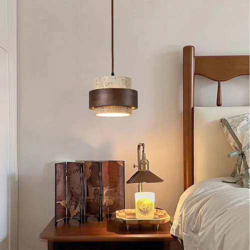 Vista 9 de Wabi-Sabi - Colgante de piedra natural nórdica con diseño de cueva amarilla clara con diseño de piedra de madera, luz vintage de travertino
