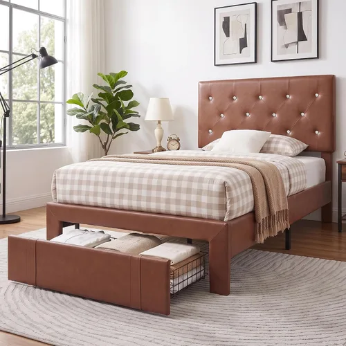 Vista 28 de VECELO Base de cama tamaño individual con plataforma tapizada con cabecera ajustable de botones de diamante, soporte de listones de madera,