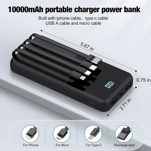 Vista 2 de Cargador portátil con cables integrados, batería de alta velocidad de 10000 mAh, paquete de batería de viaje, 5 salidas, 3 entradas, cargador