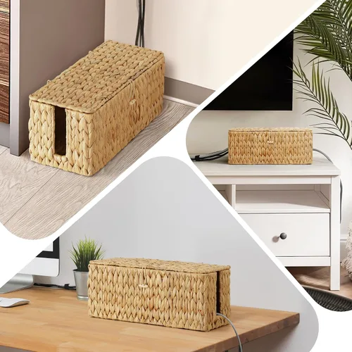 Vista 6 de Posprica Caja de Gestión de Cables con Tapa, Paquete de 2 Cajas Organizadoras Ocultadoras de Cables Tejidas a Mano de Jacinto de Agua Real, Caja