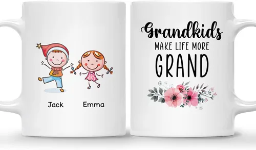 Vista 28 de Gossby Taza personalizada – GRANDKIDS MAKE LIFE MORE GRAND (1 niño) – Taza de café de cerámica de 11 onzas y 15 onzas para abuelos/abuelos – Idea