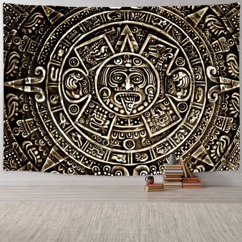 Vista 8 de Tapiz maya azteca para colgar en la pared, vista cercana de la historia del antiguo calendario azteca de la civilización maya, decoración artística