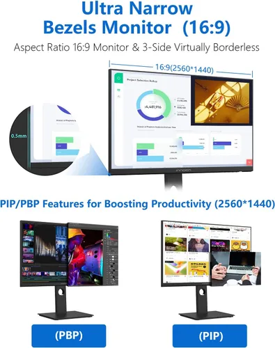 Vista 2 de INNOCN Monitor ultraancho de 24 pulgadas 2560 x 1440p 75Hz QHD IPS pantalla 16:9 monitor de computadora 100% sRGB HDMI DP monitor