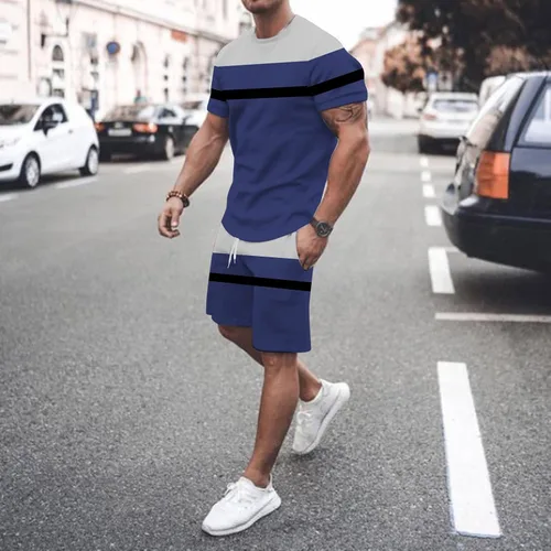 Vista 2 de Mens Two Piece Outfits Sets Lightweight Relaxed-Fit Graphic Short Sleeve Shirts Printed Shorts Breathable Tracksuit